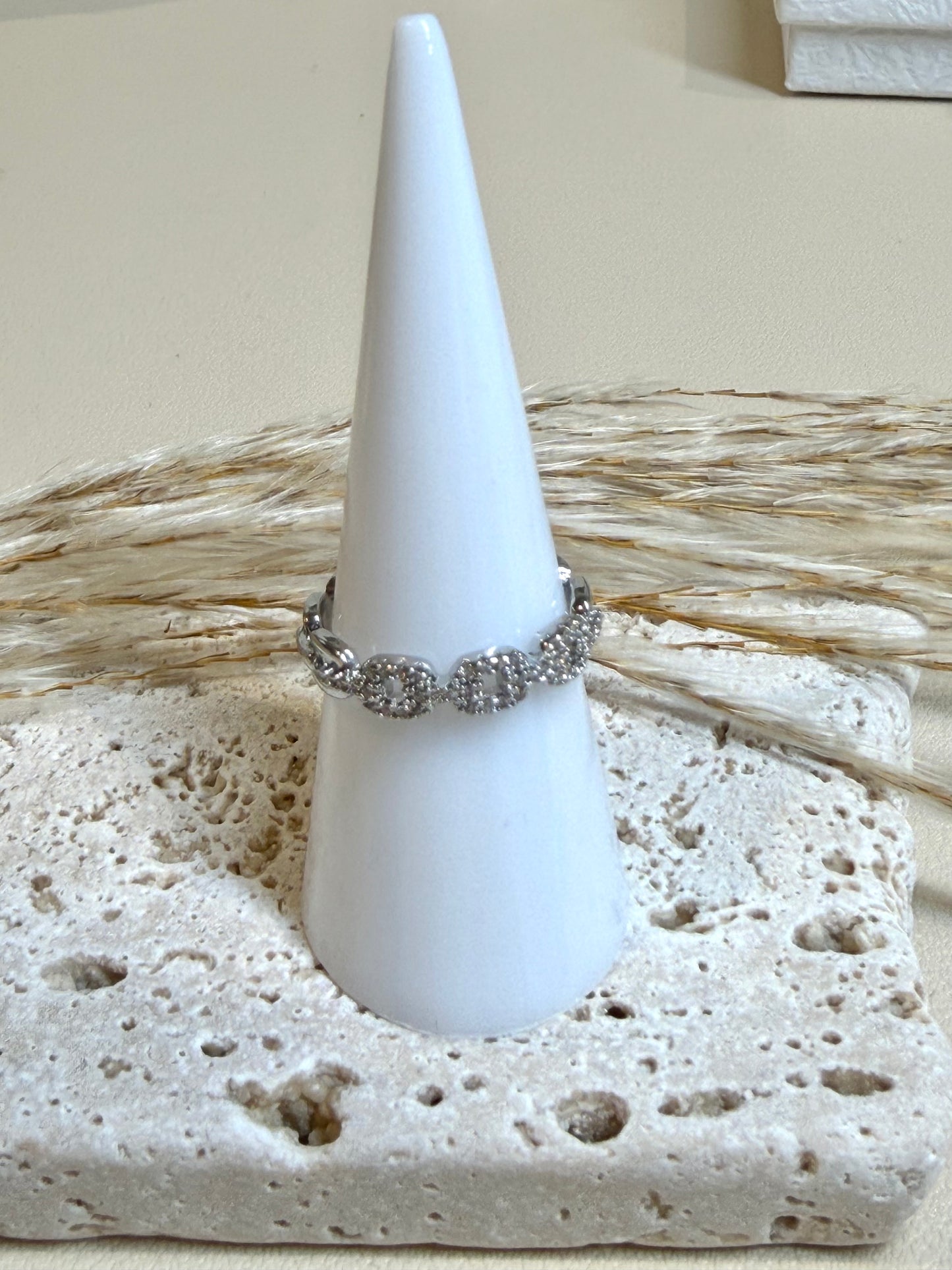 Stainless Steel Adjustable Chain Ring with Cubic Zirconia .