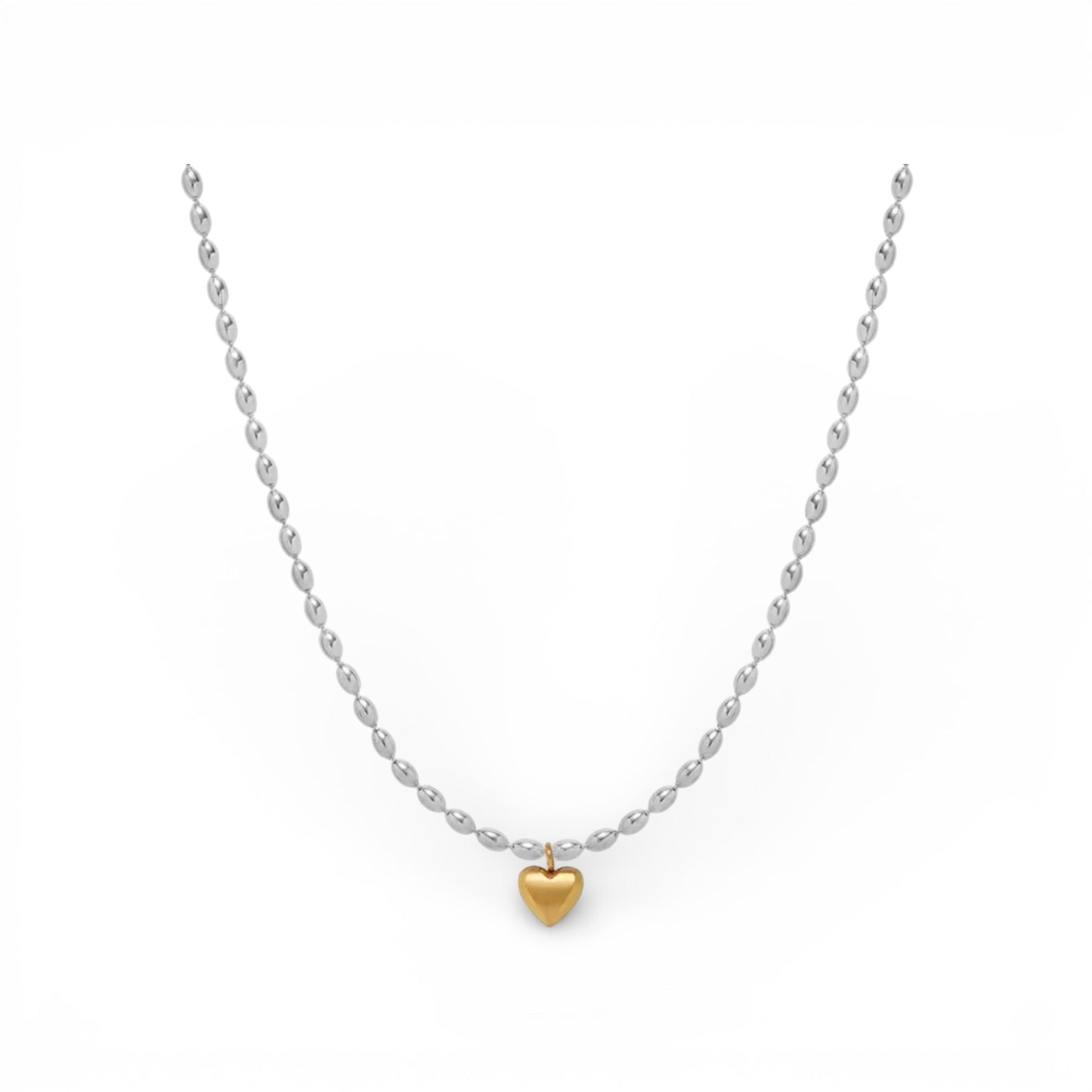 Mixed Metal Bead Chain with Small Heart Charm Necklace